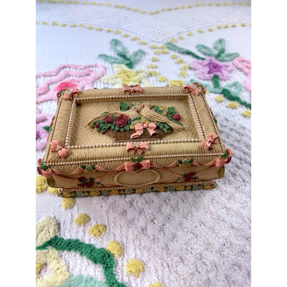 Vintage Style Resin Jewelry Box Dove Flower Basket Bows Mirror Lined Organizer